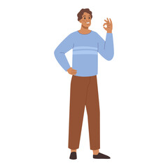 Poster - Man standing and pointing by hand ok sign, approved hand gesture. Promotion and advertisement concept. Male introducing product with hand gesture. Cartoon guy show or announce something