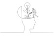 © rina - Drawing of businesswoman watering seedling plant with lightbulb idea flower concept of new idea. Single line art style