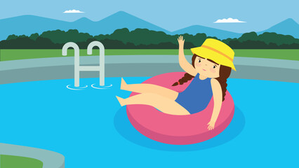 Poster - Girl in the pool sits on an inflatable ring