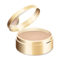 Compact powder in round gold case with mirror. Cushion face foundation case. 3d vector realistic cosmetics isolated on white background. Mockup for branding and ads. Side view on opened plastic box.