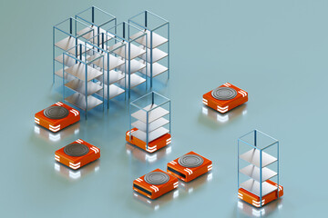 Poster - Warehouse robots. Automated Guided Vehicles. AGV technology. Autonomous robots move racks. Warehouse technologies. AGV robots for manufacturing companies. Unmanned warehouse carts. 3d rendering