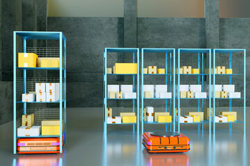 Poster - AMR technology. Warehouse robotics. Autonomous mobile robot. Distribution robot indoors. Autonomous cart moves racks. Self-driving carts sort goods in warehouse. AMR for storage. 3d rendering.
