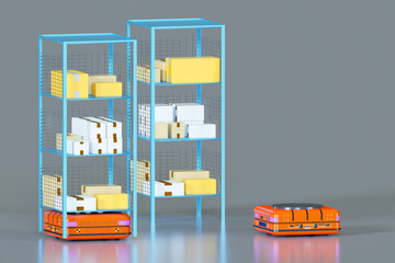Poster - Storage machines. Warehouse Automation. Storage Machines to move shelving. Automation of logistics process. Warehouse transport. Storage innovative technologies. Logistic Machines. 3d rendering.