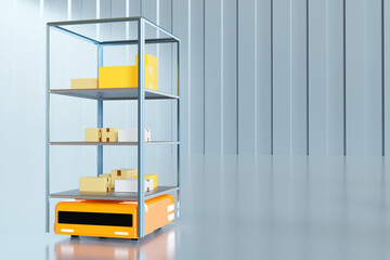 Poster - AGV robot. Warehouse unmanned vehicle - transports rack. Robotic parcel sorting system. Metal shelves with boxes on automated trolley. Unmanned truck for production. Yellow warehouse robot. 3d image