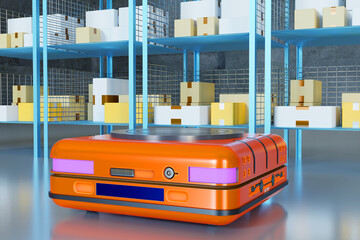 Poster - Warehouse automation. Autonomous storage robot close up. Retrieval Machine pulls up to racks of boxes. Lifting warehouse robot with round magnetic plate. Industrial AGV technologies. 3d rendering.