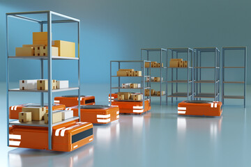 Poster - Unmanned warehouse vehicles. AGV robots with trolleys. Warehouse lifts deliver shelves with boxes. Automated Guided Vehicles. Automated logistics processes. AGV Robotic warehouse logistics 3d image