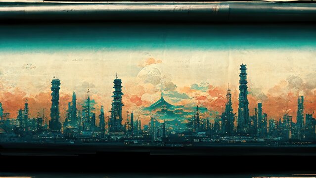 Wall Mural -  - Elegant, elegant, dramatic and luxurious Japanese style Katsushika Hokusai style graphic elements of concept art of a distant view of a Sci Fi style futuristic city with green tones generated by Ai