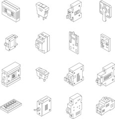 Poster - Breaker switch icons set. Isometric set of breaker switch vector icons for web design isolated on white background outline