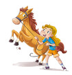 Illustration of little girl taming a horse