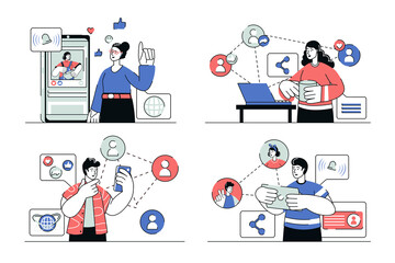 Poster - Social network concept set in flat line design. Men and women browsing news feed, new posts of friends and bloggers, communicate online in app. Illustration with outline people scene for web