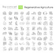 Regenerative agriculture linear icons set. Ecologically safe farming. Nature conservation. Ecosystem. Customizable thin line symbols. Isolated vector outline illustrations. Editable stroke