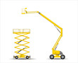 Set of images of self-propelled building lifting platforms. scissor and articulated lift.