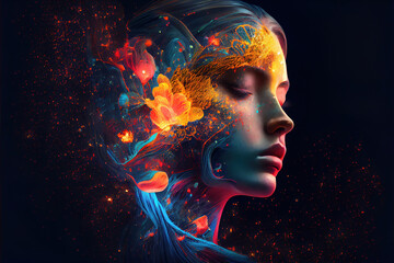 Wall Mural - beautiful fantasy abstract portrait of a beautiful woman double exposure with a colorful digital pai