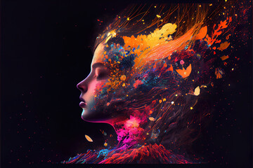 Wall Mural - beautiful fantasy abstract portrait of a beautiful woman double exposure with a colorful digital pai