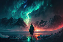 Silhouette Of A Person In The Mountains Watching The Beautiful Aurora Borealis In The Sky, Generative Ai