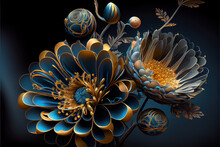 Blue And Gold Abstract Flower Background, Generative Ai