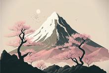 Spring Time Japanese Sakura Cherry Blossom In The Mountains Landscape Background, Generative Ai