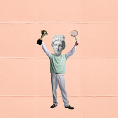 Contemporary art collage. Man with antique statue head over pink background. Winning competition, tennis player