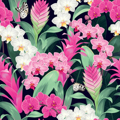 Canvas Print - Seamless pattern with exotic flowers and leaves