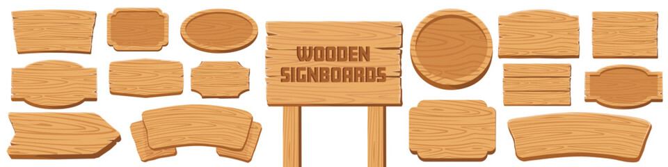 Wooden signboards collection. Cartoon wooden signs.