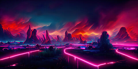 Canvas Print - synthwave style retro 80's color panoramic landscape background, made with generative a
