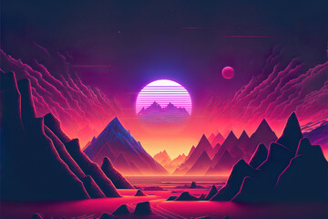 Canvas Print - retro 80's color synthwave style mountain landscape with sunset, retro computer graphic, made with g