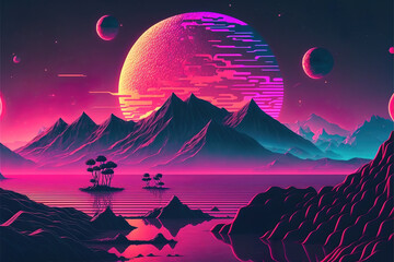 Canvas Print - retro 80's color synthwave style mountain landscape with sunset, retro computer graphic, made with g