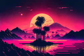 Canvas Print - retro 80's color synthwave style mountain landscape with sunset, retro computer graphic, made with g