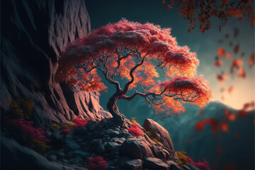 Wall Mural - beautiful landscape with maple sakura cherry trees and mountains, beautiful lighting at sunset, made with generative ai