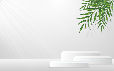 Aufkleber - Multilayer white podium with green leaf on the back for product presentation. Cosmetic product display. vector illustration
