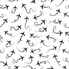 Poster - Airplane route in line path seamless pattern. Flying air plane set. Vector isolated on white background.