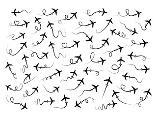 Poster - Airplane route in line path collection. Flying air plane set. Vector isolated on white.
