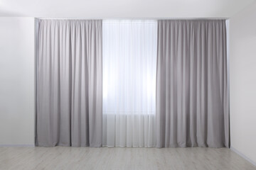 Aufkleber - Light grey window curtains and white tulle indoors