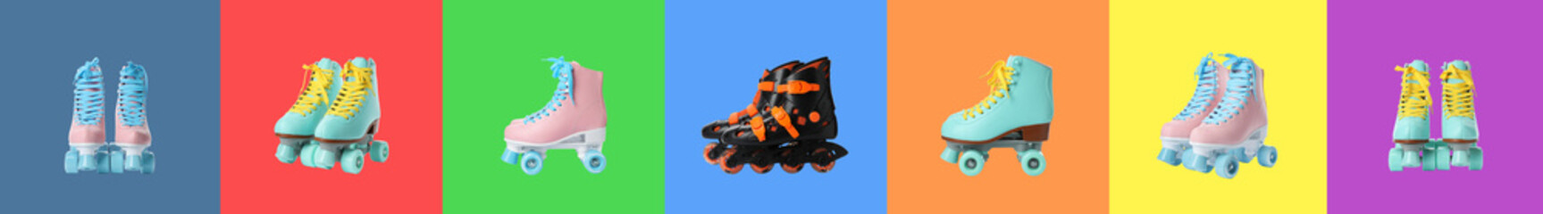 Canvas Print - Many roller skates on different color backgrounds. Banner design