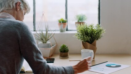 Aufkleber - Business woman, writing and planning marketing strategy, graphics and focus on proposal. Senior lady, entrepreneur and ceo make notes, notebook and documents for concentration, forms and in workplace