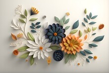 3d Floral Craft Wallpaper. Orange, Rose, Green And Yellow Flowers In Light Background. For Kids Room Wall Decor.
