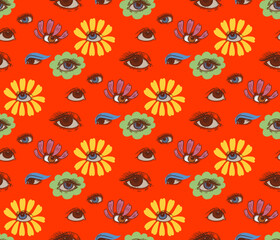 Wall Mural - seamless pattern with eyes in the style of 60s, 70s, retro psychedelic