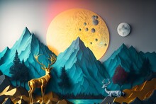 3d Modern Art Mural Wallpaper With Light Background. Golden Deer, Black Christmas Tree, Turquoise Mountains, And Moon With A Golden Sun. For Use As A Frame On Walls.