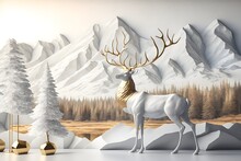 3d Modern Canvas Art Mural Landscape Wallpaper. Forest And White Marble Background. Golden Deer, Christmas Tree, And Mountains. For Use As A Frame On Walls.