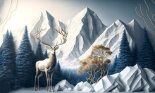 3d Modern Canvas Art Mural Landscape Wallpaper. Forest And White Marble Background. Golden Deer, Christmas Tree, And Mountains. For Use As A Frame On Walls.