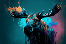 Illustrative Abstract Design Of A Moose. Multicolored Painting. Generative AI.