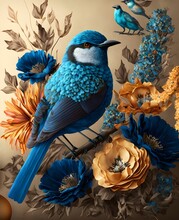 3d Modern Canvas Art Mural Landscape Wallpaper. Drawing Of Golden And Blue Flowers And Bird. For Use As A Frame On Walls. Ai Generative