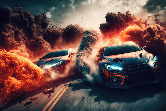Fototapete - Crazy mad car chase, explosions sparks action. Sports cars are a danger race for survival. Fire and flames from under the wheels. 3d illustration