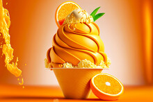 Juicy Summer Orange Most Delicious Ice Cream Cone On Orange Background