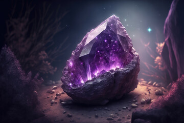 Magical fantasy crystal amethyst mystical glows from the inside. Natural purple crystal stone in the forest cave, a gemstone. 3d illustration