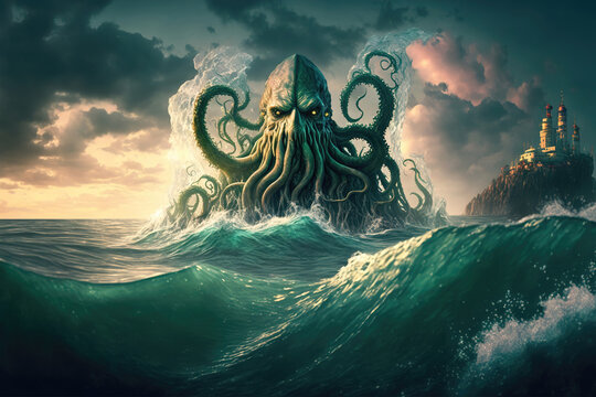 Fototapete - Mysterious monster Cthulhu in the sea, huge tentacles sticking out of the water, landscape. 3d illustration