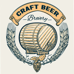 Wall Mural - Craft beer brewery - wooden barrel decorative drawn emblem