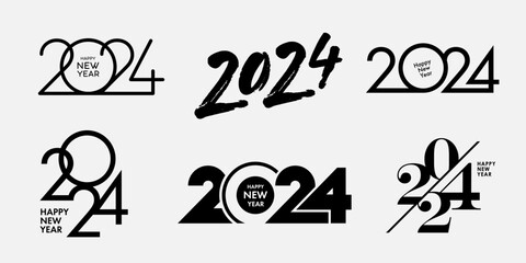 Aufkleber - Big Set of 2024 Happy New Year logo text design. 2024 number design template. Collection of 2024 Happy New Year symbols. Vector illustration with black labels isolated on white background.