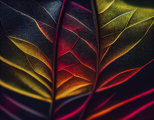 Aufkleber - Close up Beautiful abstract leaf in colorful light. Minimalism modern style concept. Dark Background pattern for design.	