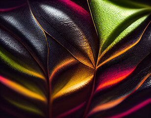 Poster - Close up Beautiful abstract leaf in colorful light. Minimalism modern style concept. Dark Background pattern for design.	